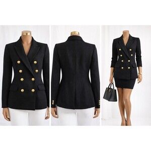 Bishop + Young Blazer Women XS Black Textured Gold Button Double Breasted Career
